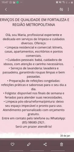 diarista/faxineira a procura de serviços