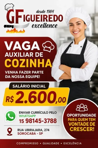Vaga de auxiliar de cozinha salário inicial R$2.600,00 reais