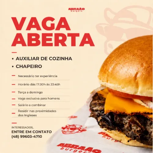 Vaga para homens - Chapeiro e Auxiliar de Cozinha - Ingleses