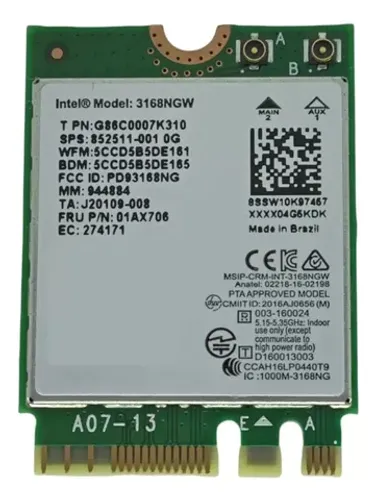 Placa de Rede Sem Fio Wireless Notebook M2 Intel 3168ngw 2.4/5ghz