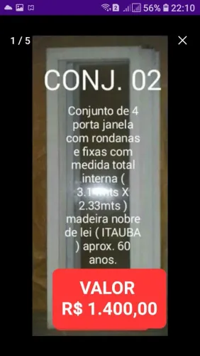 CONJ. DE 4 PORTAS ( FOLHAS ) JANELAS DE CORRER EM MADEIRA NOBRE ITAUBA E VIDROS GROSSOS 