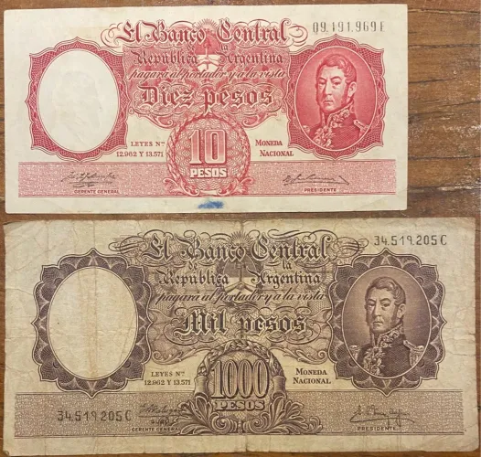 Cédulas Antigas Argentina - 10 e 1000 Pesos