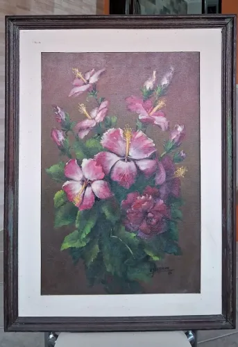 Quadro óleo em tela Hibisco rosa em flor 40X60 ass: Cleuza Maciero1975