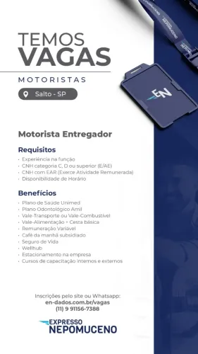 Motorista Entregador - CNH D Salto/SP