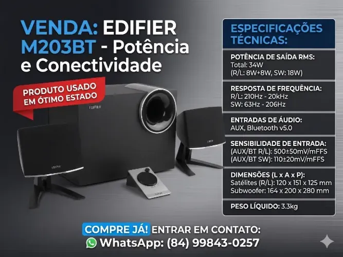 CAIXA DE SOM BLUETOOTH COM SUBWOOFER M203BT 34W RMS EDIFIER - PRETO