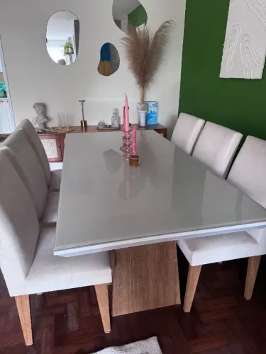 Conjunto de Mesa de Jantar Luna 1,80 m com Tampo de Vidro Off White e 6 Cadeiras Veludo