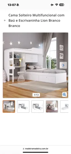 Cama Solteiro com Baú e Escrivaninha Lion Art in Móveis Branco