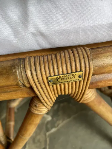 Mesa jantar base bambu e tampo de vidro com 6 cadeiras bambu e aparador