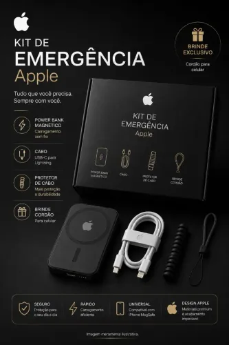 Kit de Emergência Apple - Power Bank Magnético + Cabo + Brinde