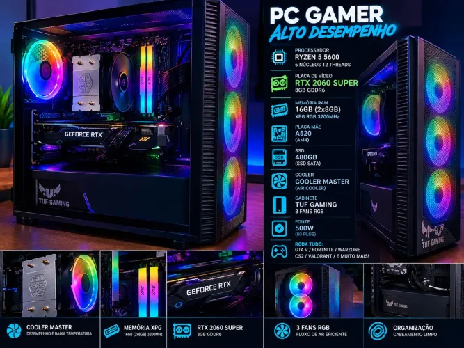 PC Gamer Ryzen 5 5600 + RTX 2060 SUPER 8GB | 16GB RAM | 3 Fans RGB