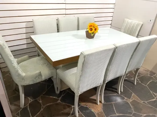 Mesa vidro branco grosso 1,80x90 c/8 cadeiras