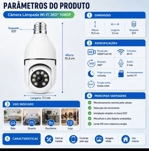 Câmeras Segurança IP Lâmpada WiFi Full HD 1080p com Visão Noturna Infravermelho<br>