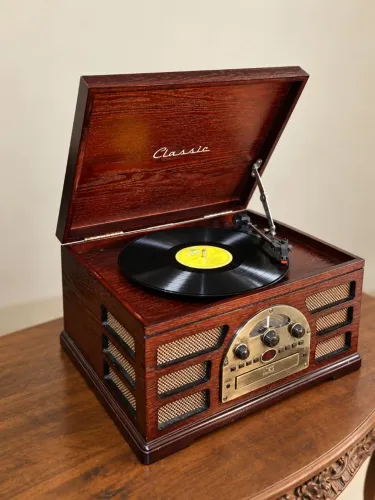 Vitrola Raveo  - Toca-Discos Vinil + CD Player +Bluetooth+Pendrive + Rádio AM/FM - Madeira