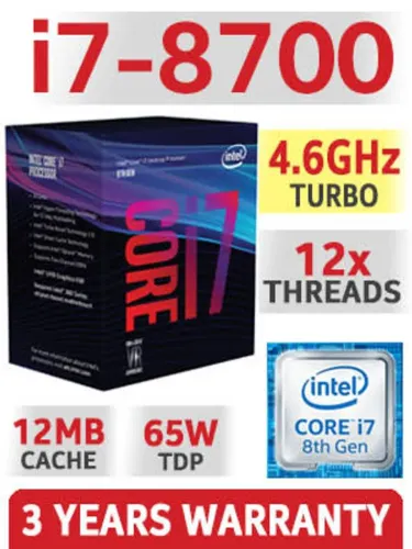 Intel Core i7-8700 Coffee Lake de 8ª Geração, até 4,60 GHz, cache de 12 MB, LGA 1151, 65 W