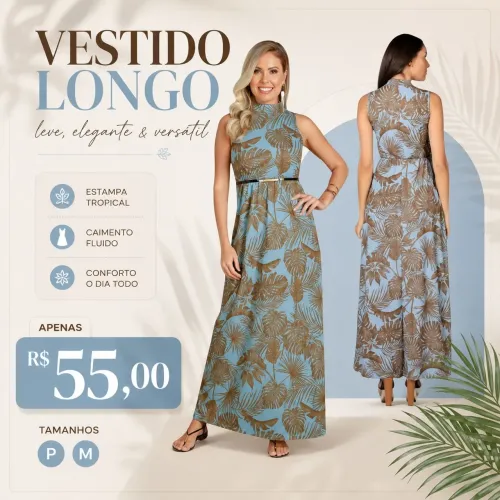 Vestido longo floral azul.