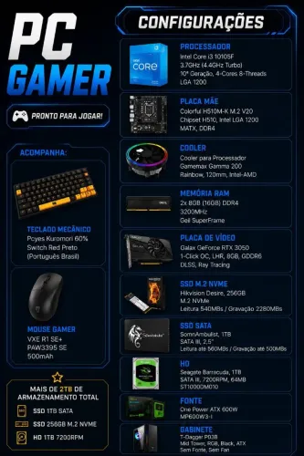 PC Gamer RTX 3050 8GB | 16GB RAM | SSD 1TB + NVMe