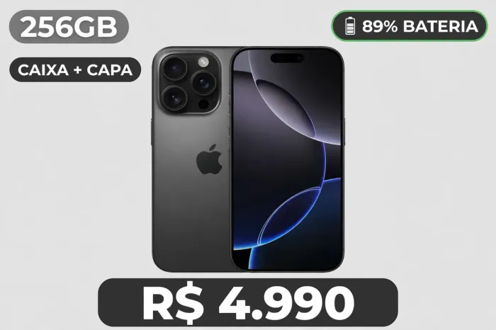 iPhone 16 Pro 256GB - R$ 4.990 - Black Titanium - 89% Bateria - Caixa + Capa