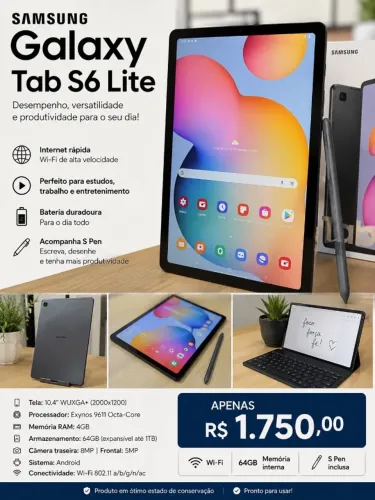 Tablet Samsung Galaxy Tab S6 Lite, 64GB, 4GB RAM, WiFi, Tela Imersiva 10.4", Android 14, C