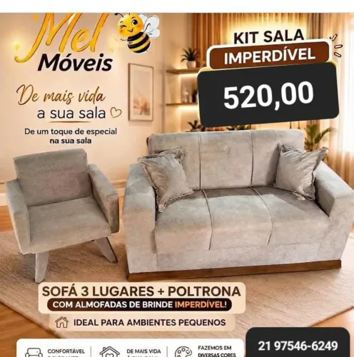 Kit Sala Sofá 3 Lugares + Poltrona + 2 Almofadas de brinde