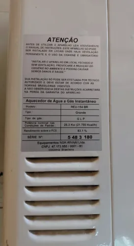AQUECEDOR DE ÁGUA INSTANTÂNEO A GÁS (REU-154BR)