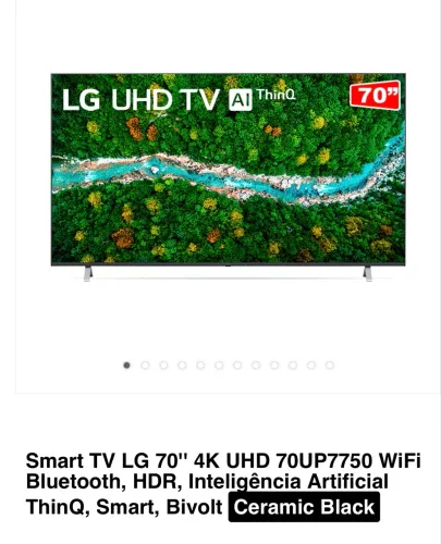 Smart TV LG 70" 4K UHD 70UP7750 WiFi Bluetooth, HDR, Inteligência Artificial ThinQ, 