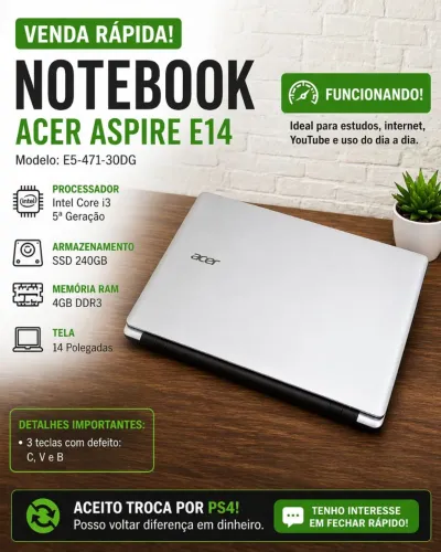 Notebook Acer Aspire E14 SSD 240GB i3 + Troco por PS4!