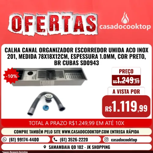 CALHA CANAL ORGANIZADOR ESCORREDOR UMIDA ACO INOX 201, MEDIDA 78x18X12CM, ESPESSURA 1.0MM