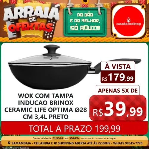 Wok com tampa inducao brinox ceramic life optima ø28 cm 3,4l preto