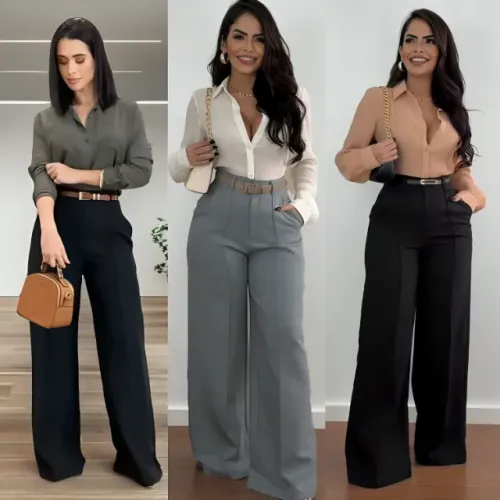 Conjunto feminino alfaiataria calça e camisa elegante para trabalhar