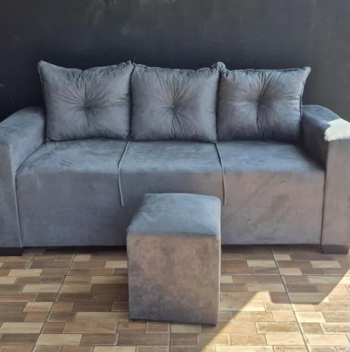 Sofá cinza 3 LUGARES moderno com puff 