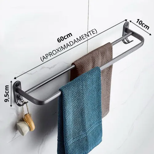 Porta Toalha Com Ganchos de Alumínio 60CM