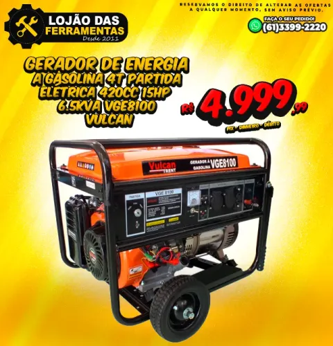 Gerador à Gasolina 4T Partida Elétrica 420Cc 15Hp VGE8100 6.5KVA Vulcan