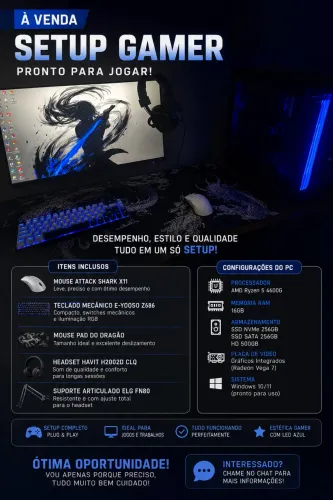 Setup Gamer Completo Ryzen 5 4600G | 16GB RAM | SSD NVMe + SSD + HD | Pronto para usar