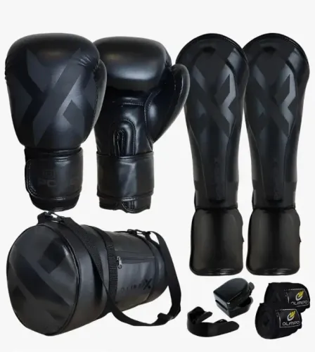 Kit Muay Thai Olímppo Completo Seminovo - Luvas + Caneleiras + Bolsa + Bandagens + Bocal