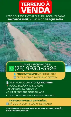 Vende se um terreno situado no povoado de Zabelê de Iraquara