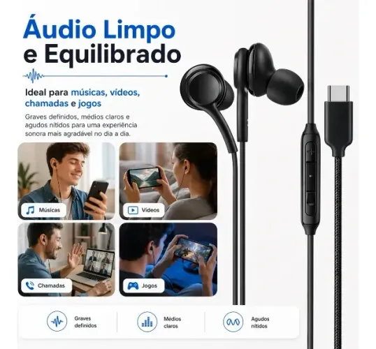 Fone Tipo C Intra Auricular Com Microfone Controle Volume Som Estéreo Grave Forte Cabo Nyl