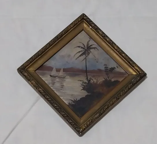 PINTURA ANTIGA A ÓLEO MONTADA MONTADA EM MOLDURA DE MADERA LOSANGO