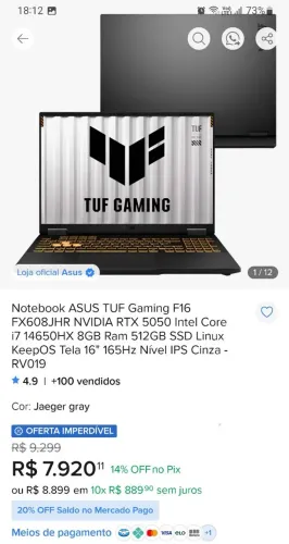 Notebook Tuf F16 RTX 5050, i7-14650HX