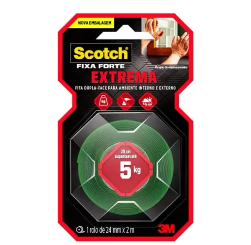 Scotch, 3M, Fixa Forte, Fita Dupla Face, Fixação Extrema, 24mm x 2m