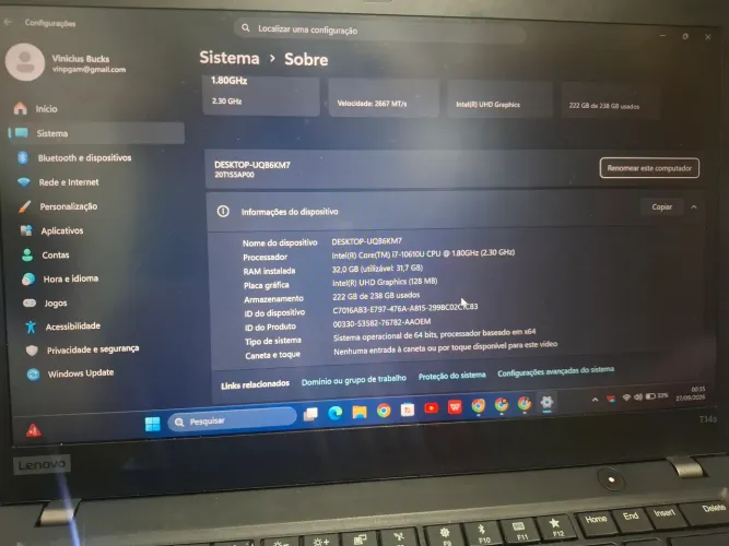 Notebook Lenovo ThinkPad T14s i7 vPro 32GB RAM 238GB SSD - Seminovo