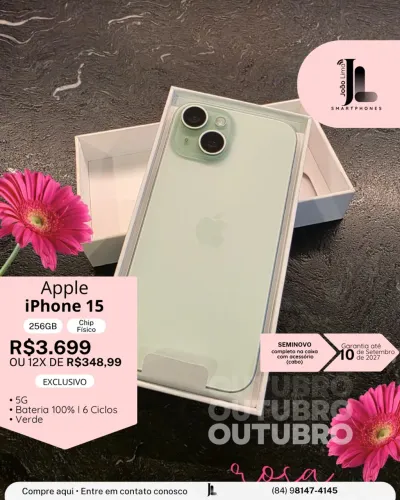IPHONE 15, 5G, 256GB, CHIP FÍSICO, VERDE, SEMINOVO NA GARANTIA, EXCLUSIVO!
