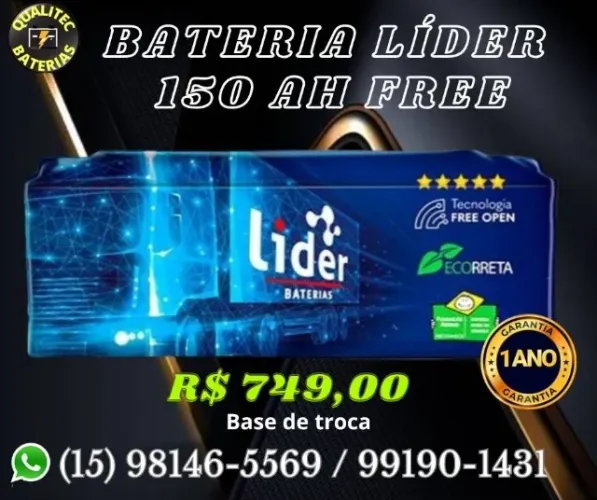 Bateria 150 ah Líder free em 4 vezes sem juros no cartão !