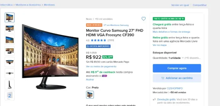  Monitor Sansung Led 24" Full Hd Preto Curvo Lc24f390