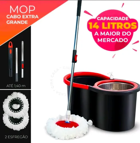 Mop Giratório 14 Litros C/ Cabo 140cm + 2<br>Refis Balde Centrífuga Cesto Inox