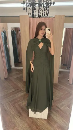 Vestido de madrinha festa verde oliva premium fios em linho
