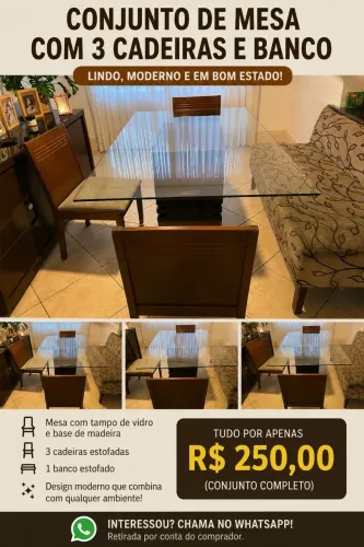 Mesa com 3 cadeiras e banco