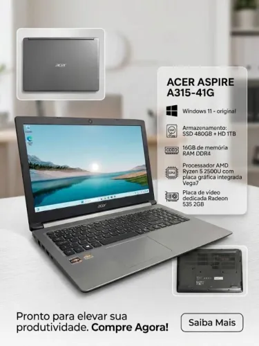 Notebook Acer A315-41G | 1TB + 480GB SSD | 16GB RAM | Ryzen 5 2500U c/ placa de vídeo
