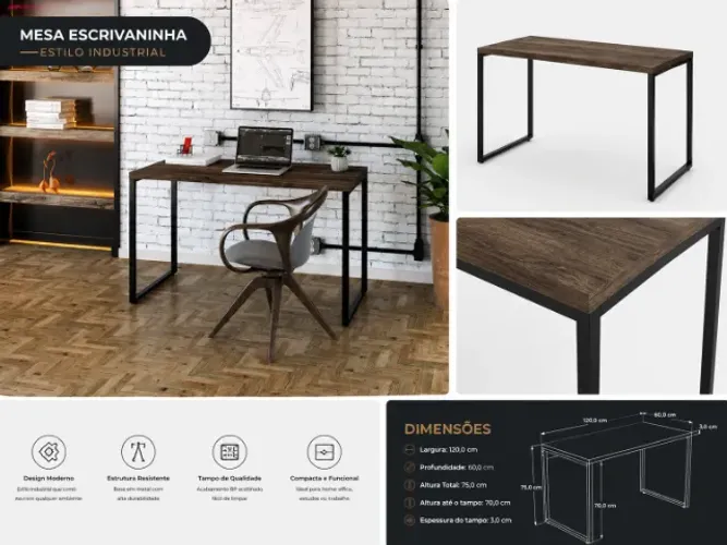 Mesa para Escritório Office Industrial 1,20m Carvalho Dark com Estrutura Preta