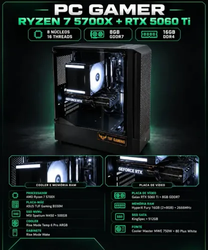 PC Gamer Ryzen 7 5700X + RTX 5060 Ti 8GB | 16GB RAM | SSD 1TB