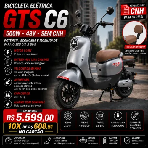 Bicicleta Elétrica GTS C6 500W 48V 30km Autonomia 32km/h Nova Sem CNH